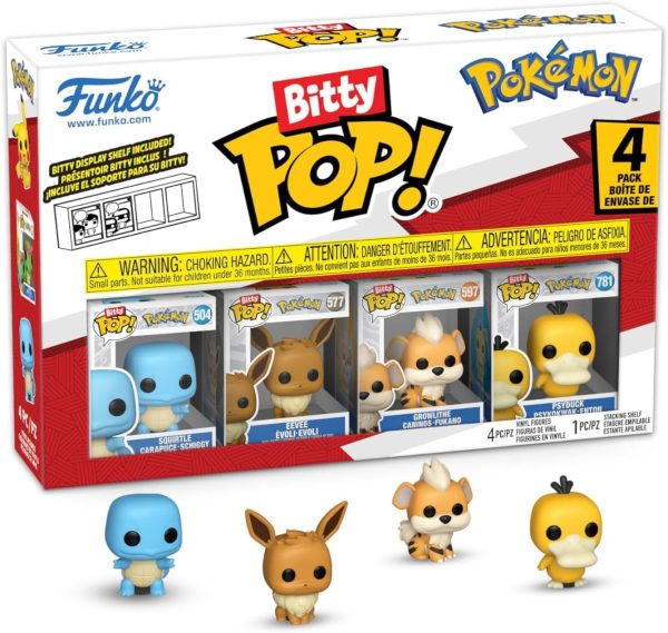 Funko Pop! Bitty: Pokemon - Squirtle. Eevee. Growlithe. and Psyduck - 0.9 Inch (2.2 Cm) Collectable - Stackable Display Shelf Included - Gift Idea - Party Bags Stocking