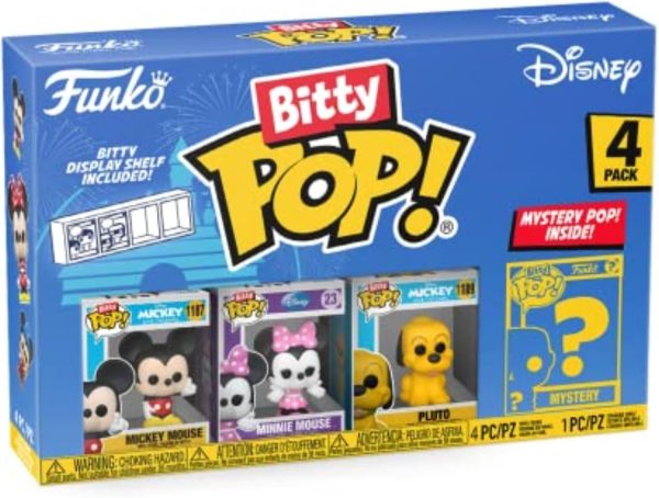 Funko Bitty POP! Disney - Mickey. 4-Pack - Mickey Mouse. Minnie Mouse (Pink Dress). Pluto and A Surprise Mystery Mini Figure - 0.9 Inch (2.2 Cm) Collectable - Stackable Display Shelf Included