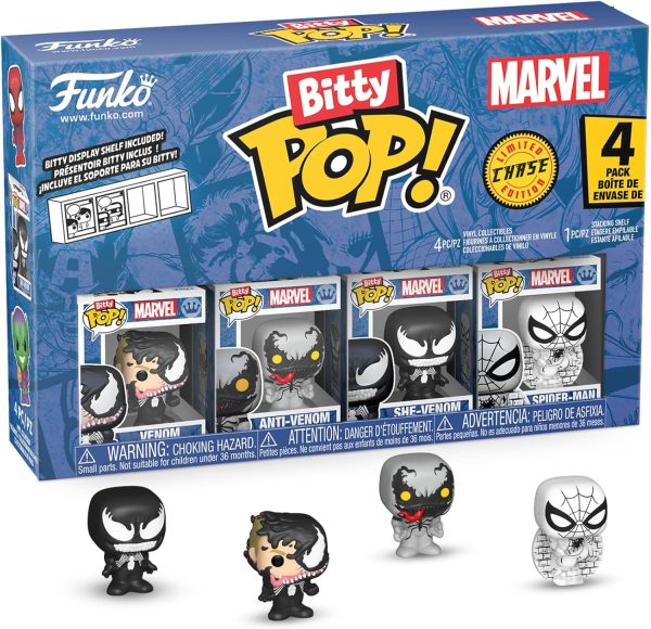 Funko Pop! Bitty: Spider-Man - Venom. Anti-Venom. She-Venom. and Mystery Chase Figure - 0.9 Inch (2.2 Cm) - Marvel Comics Collectable - Stackable Display Shelf Included