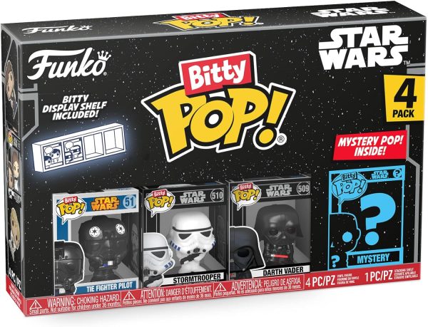 Funko Bitty POP! Star Wars - Darth Vader. 4-Pack - Darth Vader. TIE Fighter Pilot. Stormtrooper and A Surprise Mystery Mini Figure - 0.9 Inch (2.2 Cm) Collectable - Stackable Display Shelf Included